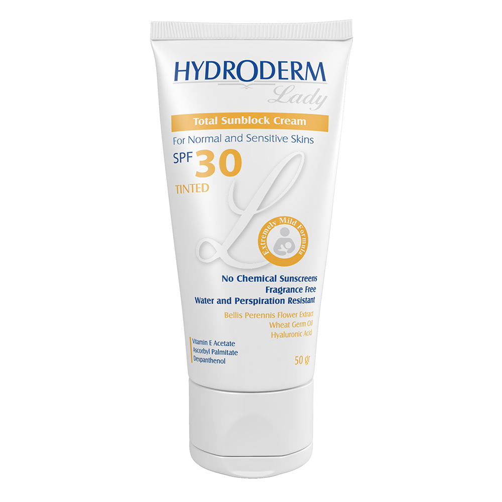 كرم ضد آفتاب رنگی هیدرودرم SPF30 پوست‌معمولی و حساس 50میل