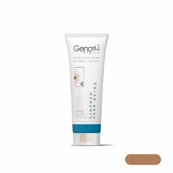 کرم ضد آفتاب رنگی ژنوبایوتیک سانوژن SPF50 مدل 4 مناسب پوست خشک و معمولی حجم 50 میل-بژ تیره