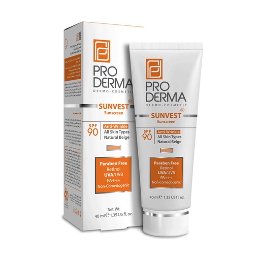 کرم ضد آفتاب و ضد چروک رنگی پرودرما SPF90 مناسب انواع‌پوست 40میل-بژ طبیعی
